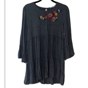 Pull and Bear Grey Large Dress Short Floral Embroidered Peasant Drop Waist